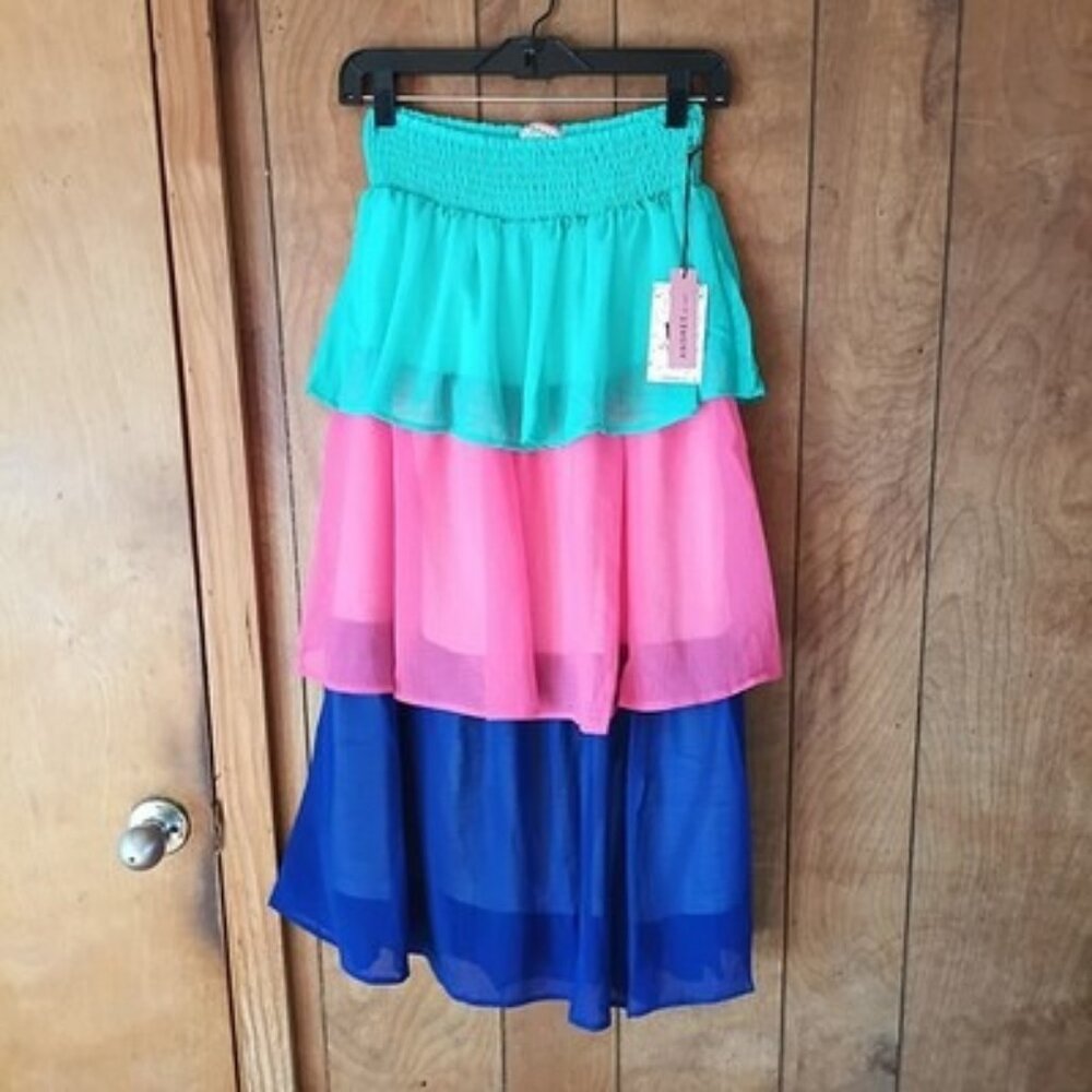 Andree by Unit Tiered Colorblock Maxi Skirt Size S NWT Boho Pink Teal Blue
